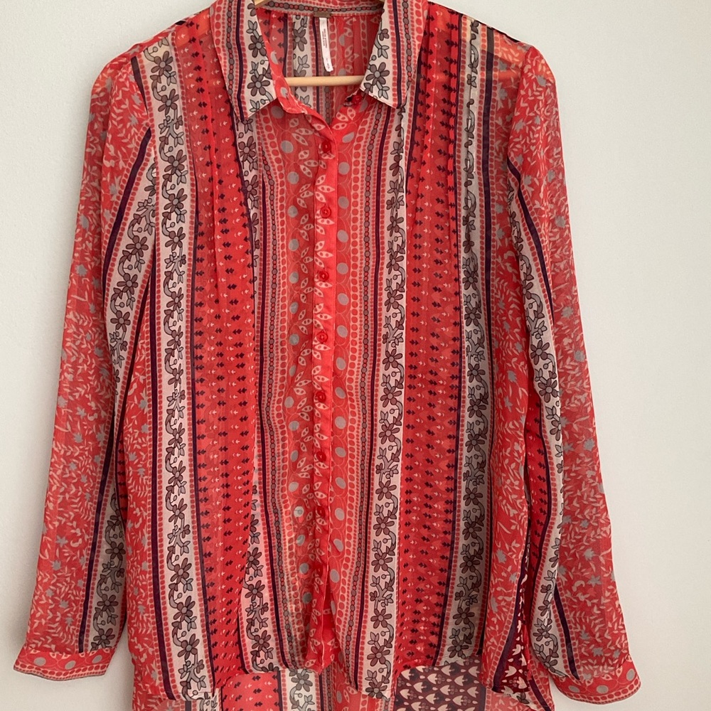 Free People SP Sheer Coral-Red Multi Pattern Button-Up  Tunic Blouse